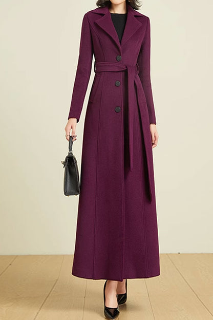 Green Wool Maxi Coat - Belted Waist, Lapel Collar 4590