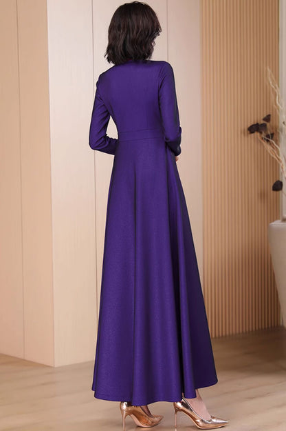 Purple Polyester Fit and Flare Maxi Dress - V-Neck, Long Sleeve 4790