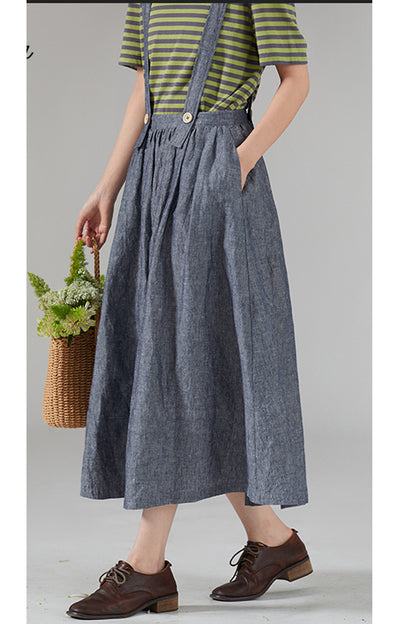Blue Linen Suspender Midi Skirt - Fitted Waist with Pockets 4366