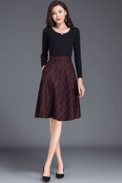 Red Plaid Wool Skater Skirt - A-Line, Back Elastic Waist 4655-5