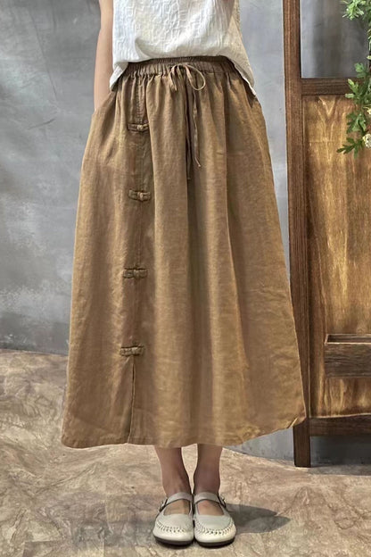 Linen Drawstring Waist Midi Skirt - Pockets Button Detail | Xiaolizi 4305