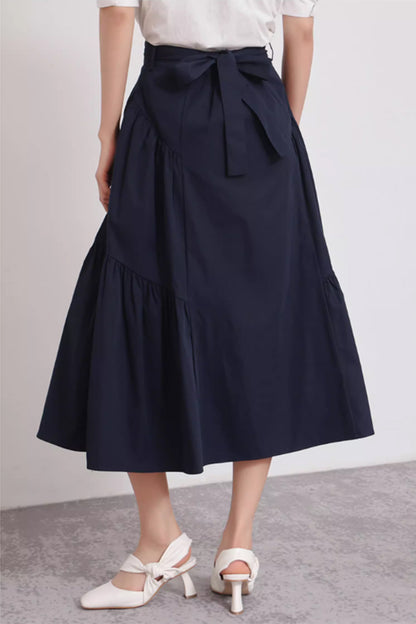 Navy Blue Polyester Midi Skirt - A-Line Tiered Ruffles 4874