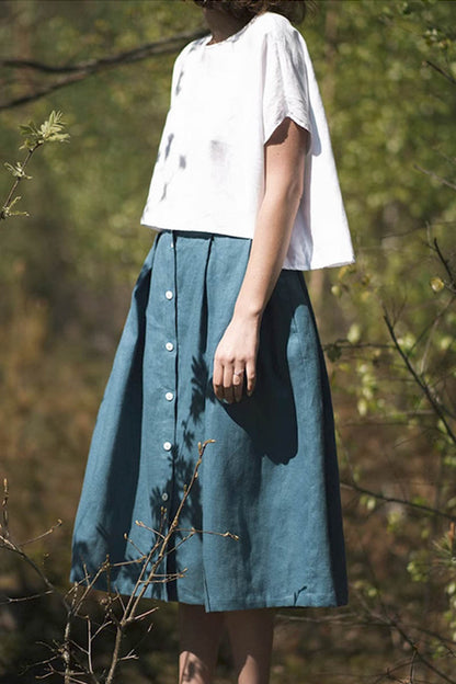 Blue Linen Midi Skirt - Button Front with Pockets 4353