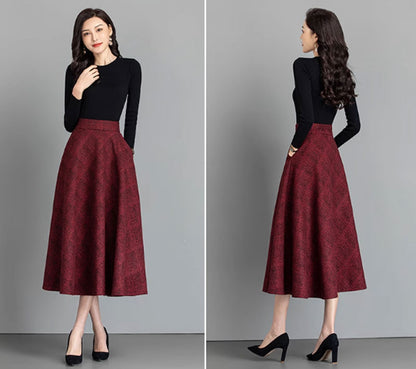 Burgundy Wool Midi Skirt - Vintage A-Line Silhouette 4641-3