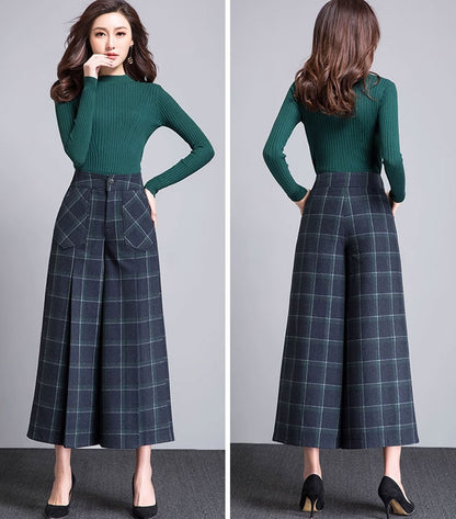 Plaid Wool Wide Leg Pants - Midi Length, Loose Fit 4659-1