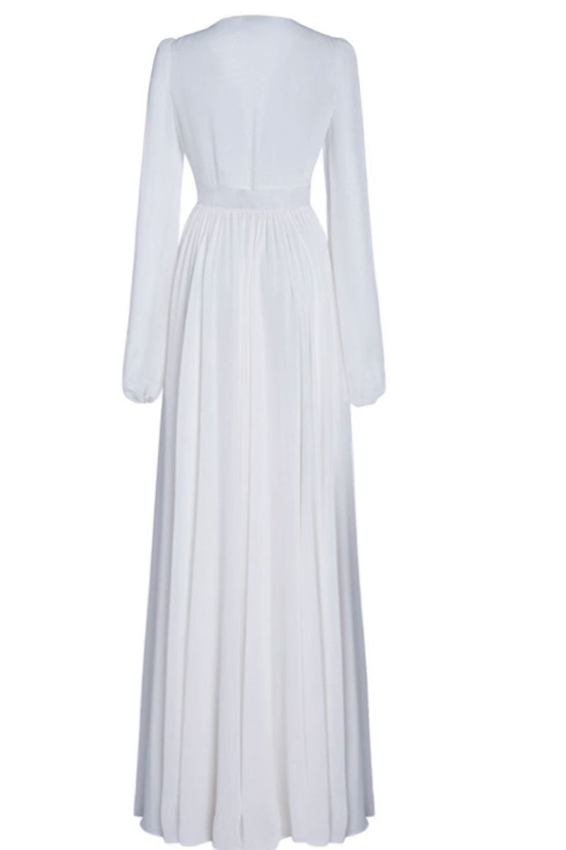 White long sleeves v neck dress 4444