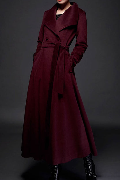 Dark Green Wool Long Coat - Double Breasted with Tie Belt 4712
