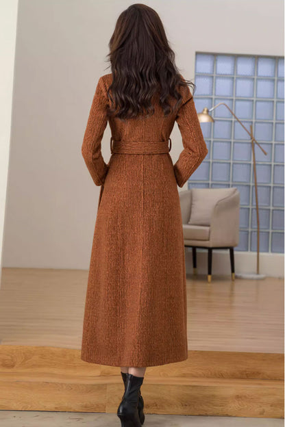 Tie belt winter long wool coat with lapel collar 4698