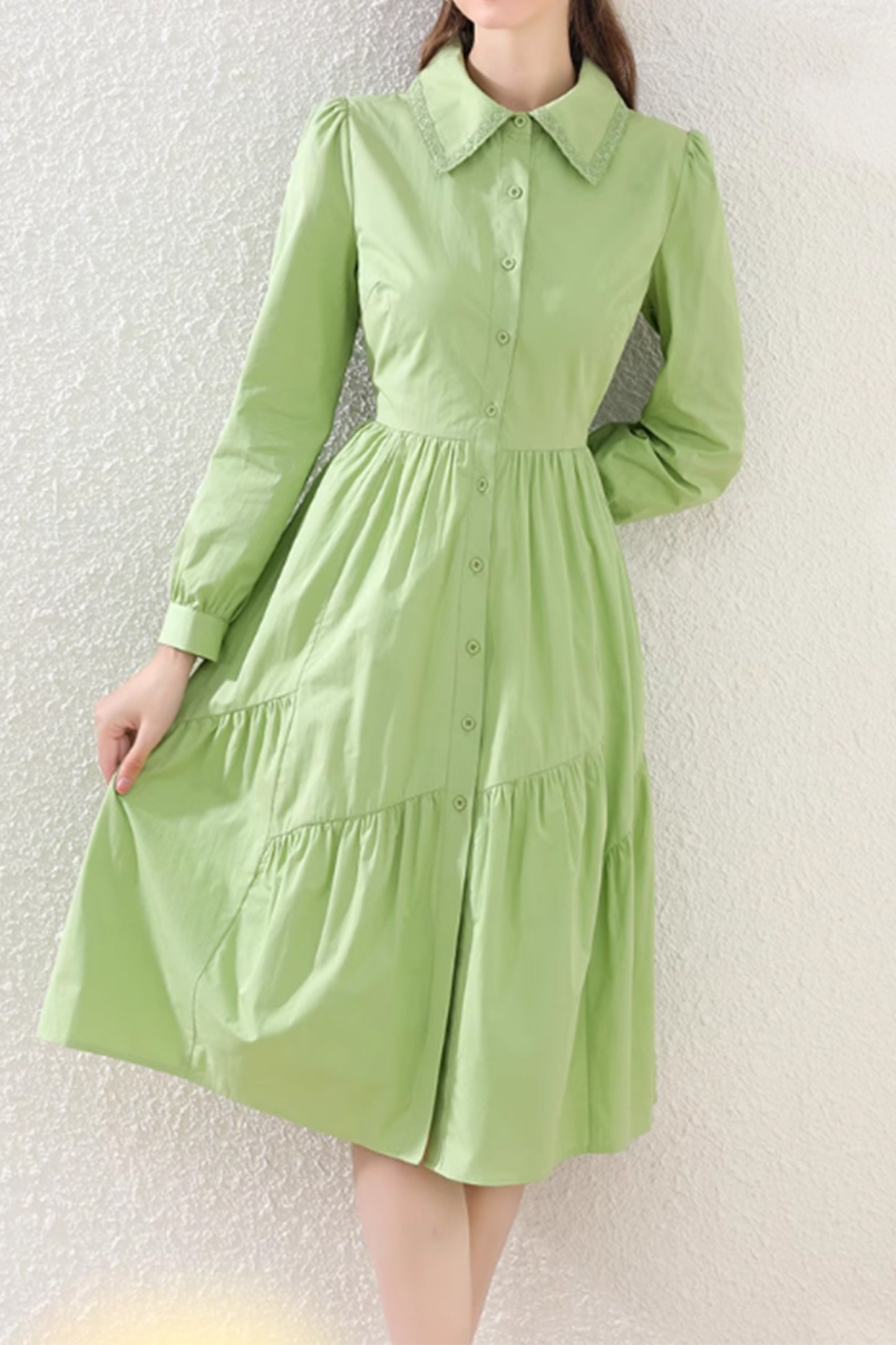 Green button up shirt dress women 4884