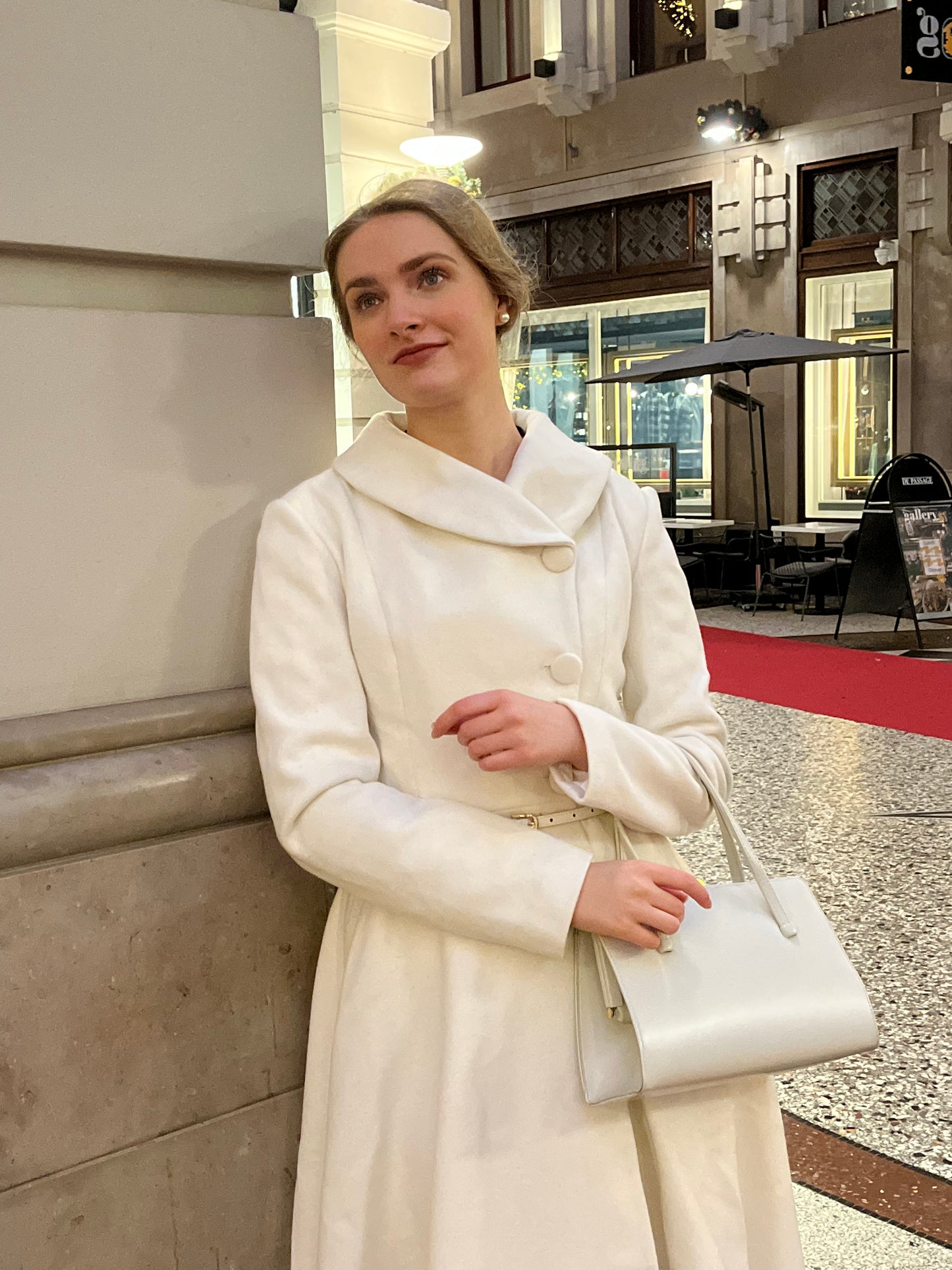 Vintage Inspired Wool Coat – White Winter Midi with Long Sleeves  4141