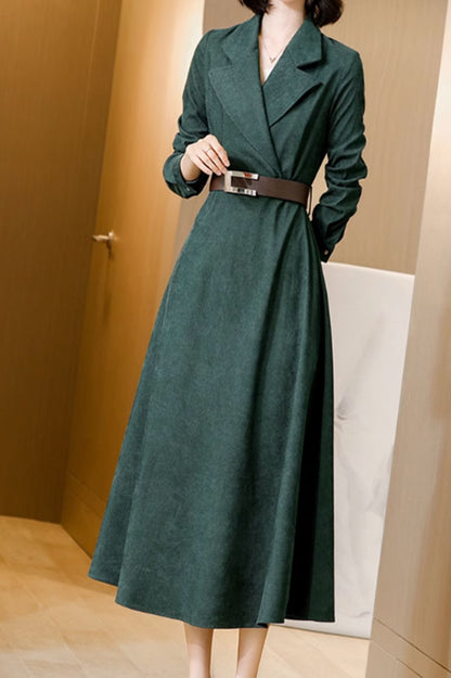 Green Wool Corduroy Dress - Long Sleeve, Tie Belt Waist 4561