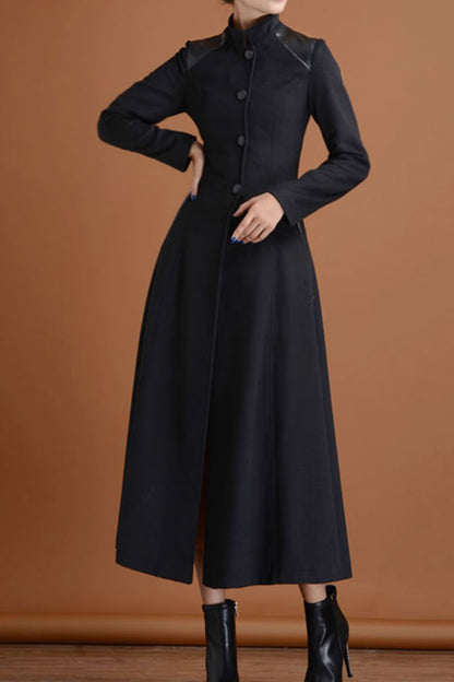 Black Wool Long Coat - Patchwork Detail, Flared Silhouette 4717