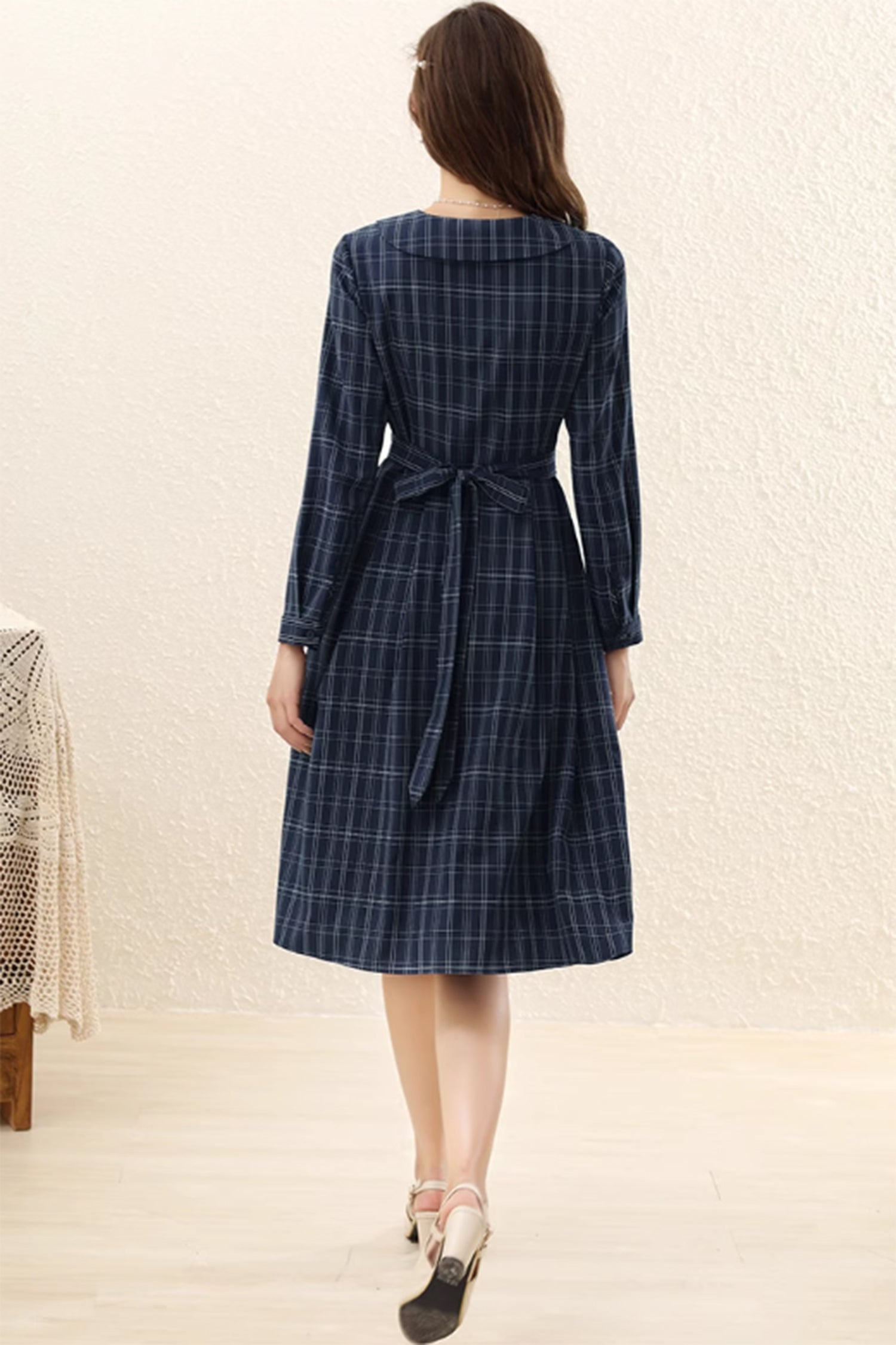 Blue plaid dress with lapel collar for women 4887 - plaid / XS Blue plaid dress with lapel collar for women 4887 - plaid / XS