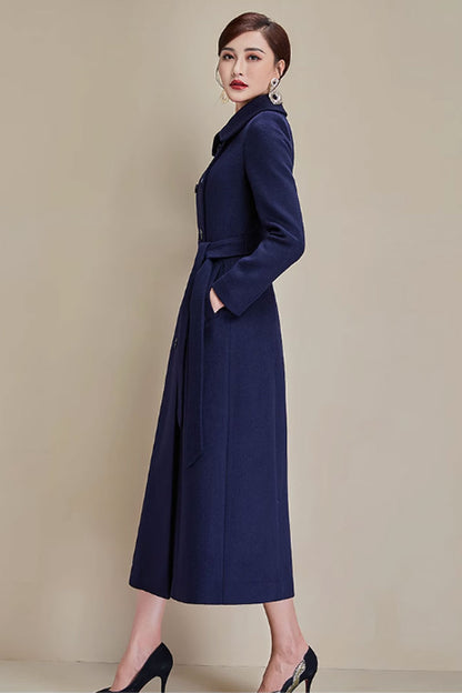 Navy Wool Long Coat - Double Breasted, Belted Elegance 4688