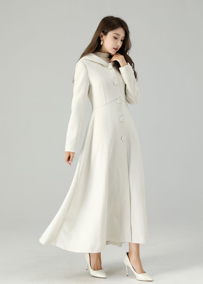 White Wool Hooded Coat – Elegant A-Line Winter Overcoat for Women 4519
