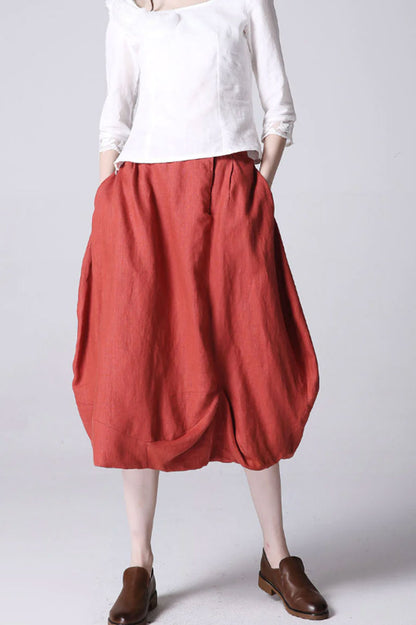 Orange Linen Maxi Skirt - Irregular Hem, Front Zipper 1194