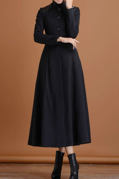 Black Wool Long Coat - Patchwork Detail, Flared Silhouette 4717