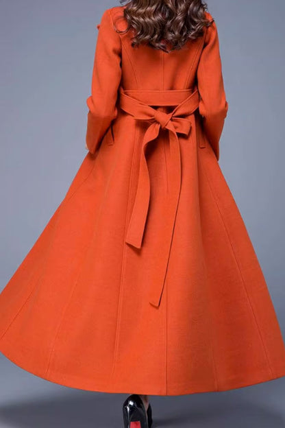 Handmade Wool Blend Coat – Elegant Lapel Maxi Overcoat with Belt & Pockets 4477