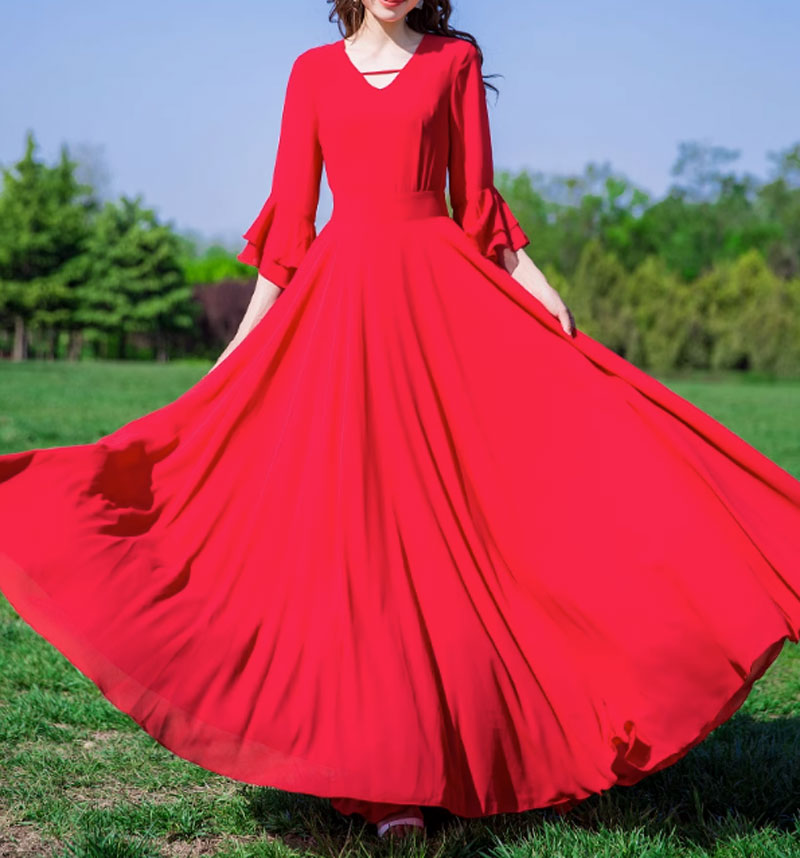 v neck red chiffon dress, prom bridesmaid dress 4467