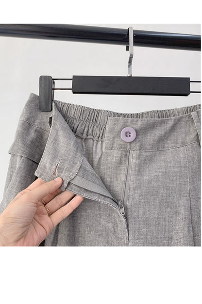 Gray Linen Midi Skirt - Elegant Back Elastic Waist with Pockets 4359