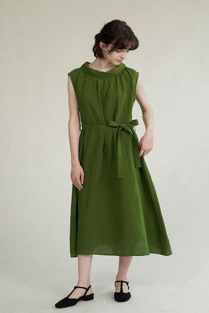 Army Green Linen Sleeveless Dress - Button Front, Lapel Collar 4310