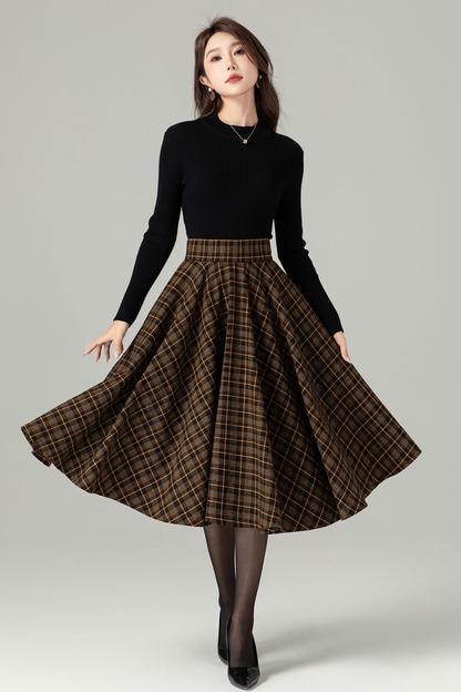 Midi Wool Plaid Swing Winter Skirt 4498