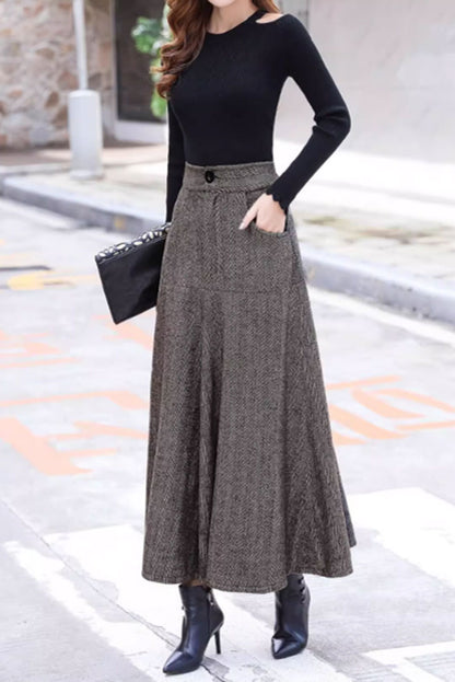 Plaid Wool Midi Skirt - A-Line with Pockets and Back Elastic Waist 4648