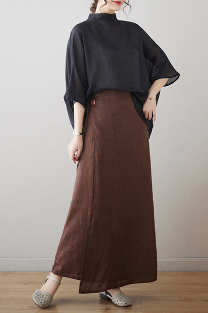 Brown Cotton Blend Wrap Skirt - Regular Fit, Maxi Length 4303