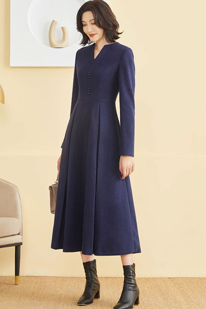 Burgundy Wool Midi Dress - Fit and Flare Silhouette 4794