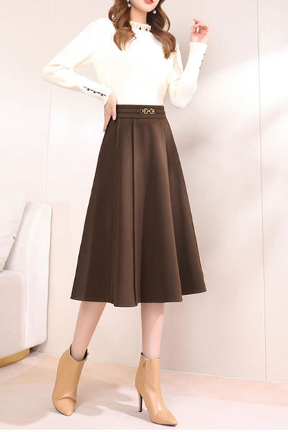 Brown Wool A-Line Midi Skirt - Elegant Winter Essential 4750