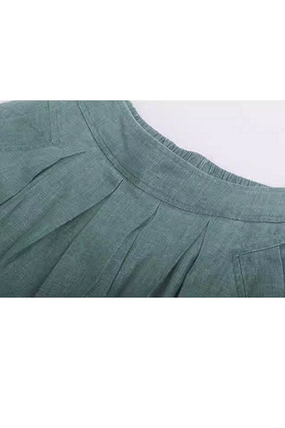 Emerald Green Linen Midi Skirt - Bubble Silhouette with Pockets 4355