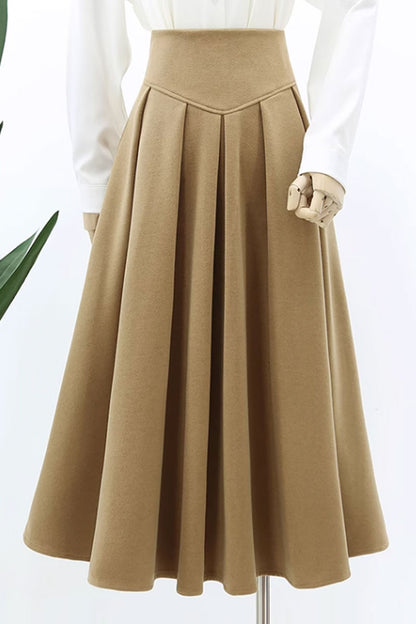 Beige Wool A-Line Skirt - Pleated Flared Winter Essential 4766