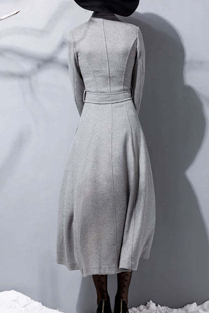 Gray Wool Fit and Flare Long Coat - Elegant Double-Breasted Silhouette 4713
