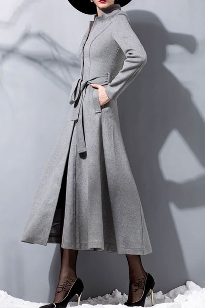 Gray Wool Fit and Flare Long Coat - Elegant Double-Breasted Silhouette 4713