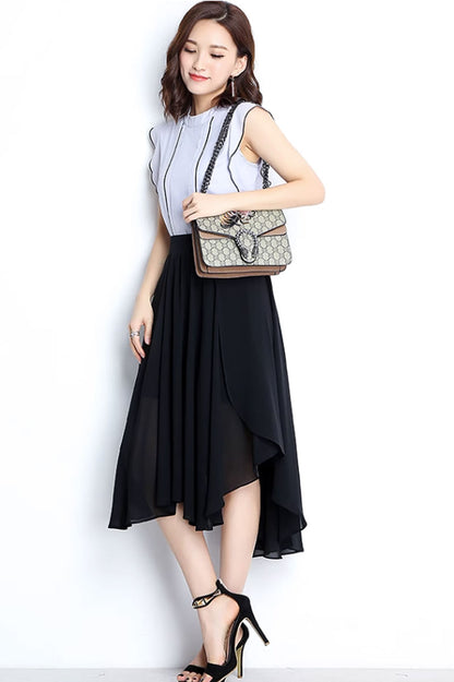 Black Chiffon Skirt - Irregular Hemline with Back Elastic Waist 4471