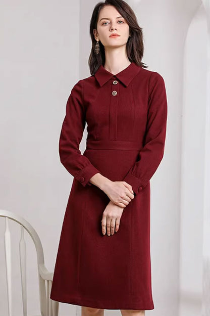 Navy Wool A-Line Dress - Knee-Length with Lapel Collar 4795