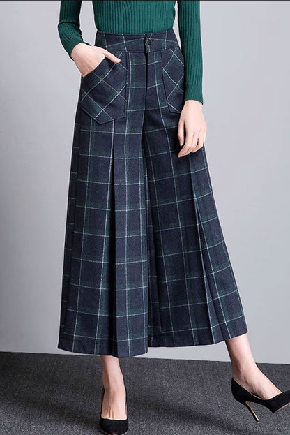 Plaid Wool Wide Leg Pants - Midi Length, Loose Fit 4659-1