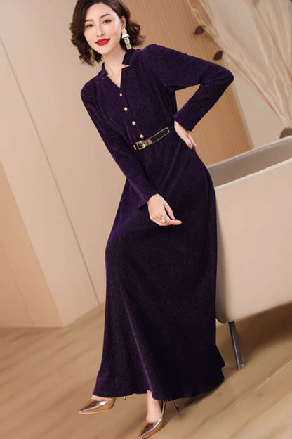 Purple Velvet Maxi Dress - V-Neck Fit and Flare Silhouette 4788