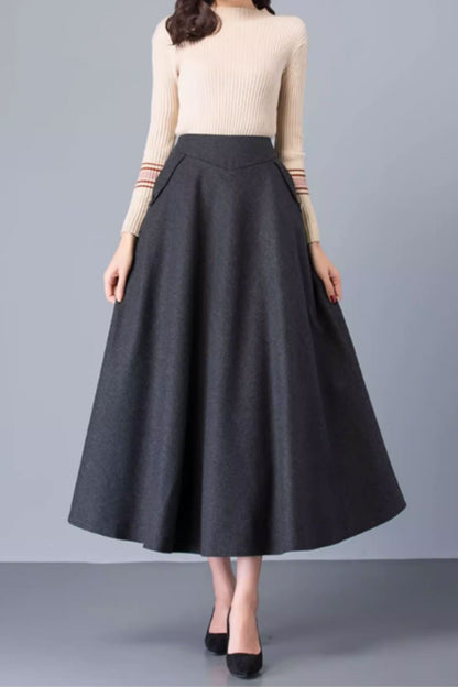 Brown Wool Maxi Skirt - A-Line with Pockets 4752