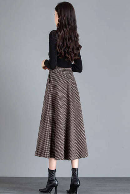 Brown Wool Midi Skirt - Vintage A-Line with Pockets 4644-1
