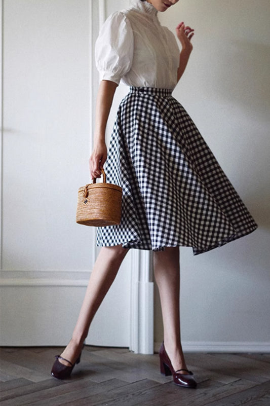 Black and white plaid knee length skirt 4866