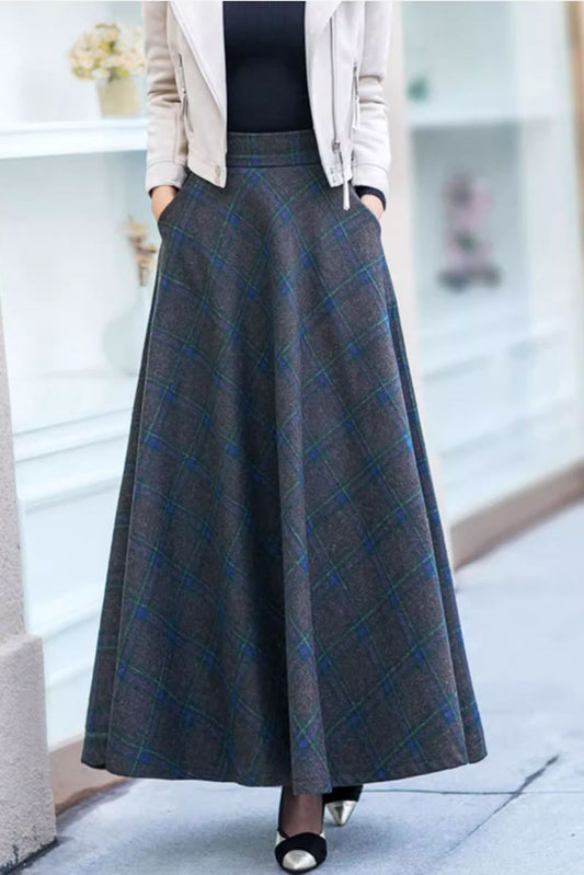 Plaid long winter wool skirt women 4748