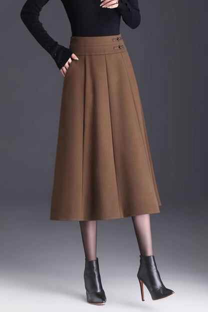 Elegant Brown Wool Skirt – Handmade A-Line Midi, Lined & With Pockets | Xiaolizi 4745