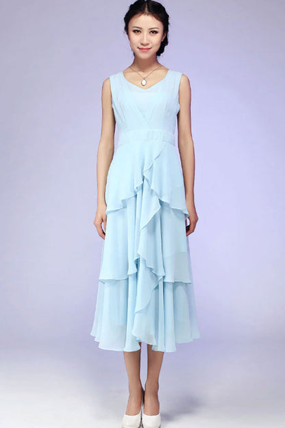 Blue Chiffon Midi Dress - Layered Flowy Sleeveless 582