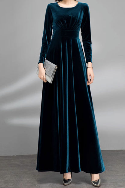 Dark Blue Velvet Maxi Dress - Fitted Waist, Long Sleeve Elegance 4478