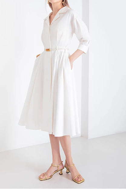 White Cotton Blend A-Line Shirt Dress - Fitted Waist, 3/4 Sleeves 4879