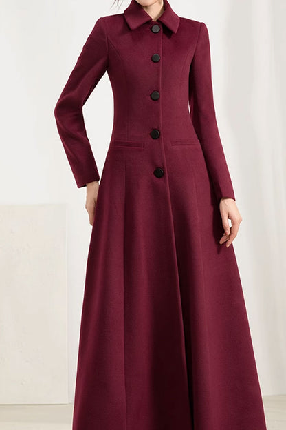 Burgundy Wool Maxi Coat - Fitted Waist, Classic Lapel Collar 4570