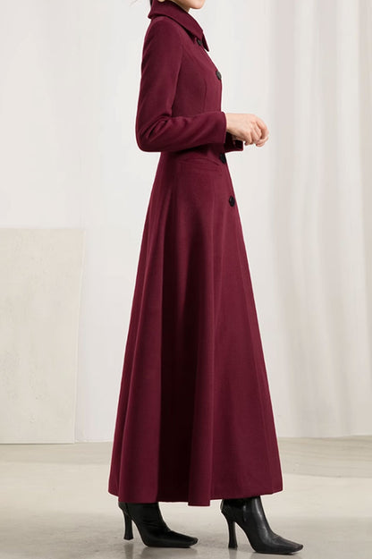 Burgundy Wool Maxi Coat - Fitted Waist, Classic Lapel Collar 4570