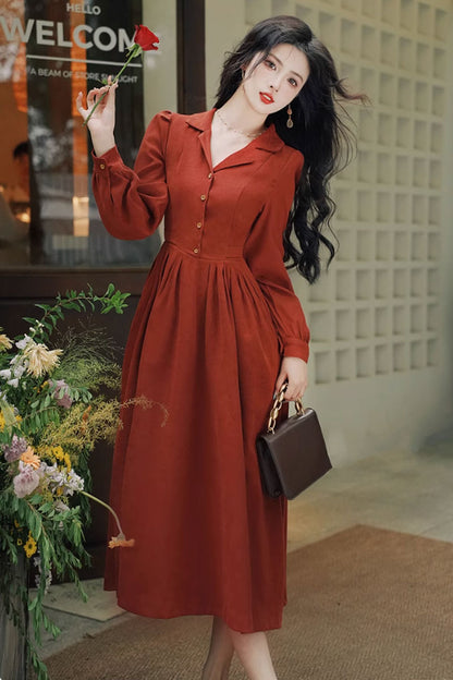 Rust Red Midi Shirt Dress - Long Sleeve Lapel | Xiaolizi 4803