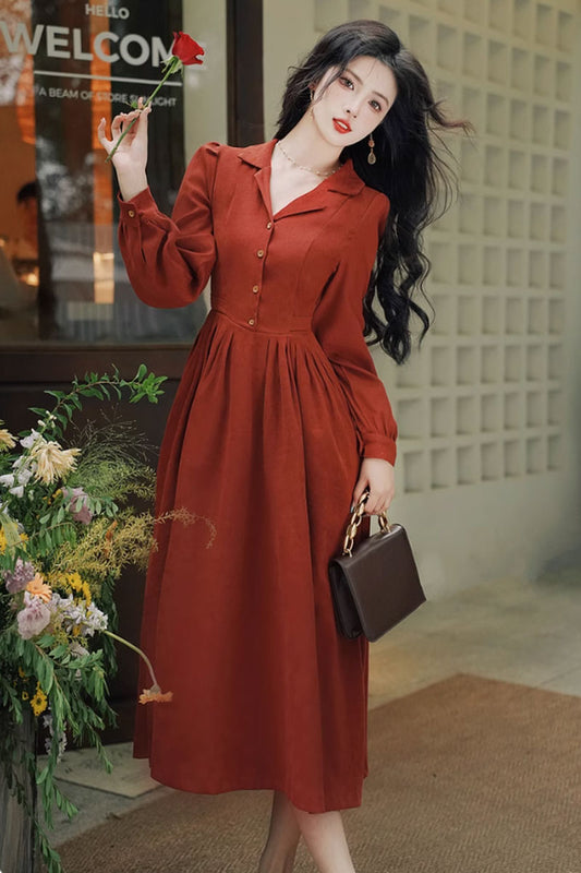 Rust Red Midi Shirt Dress - Long Sleeve Lapel | Xiaolizi 4803